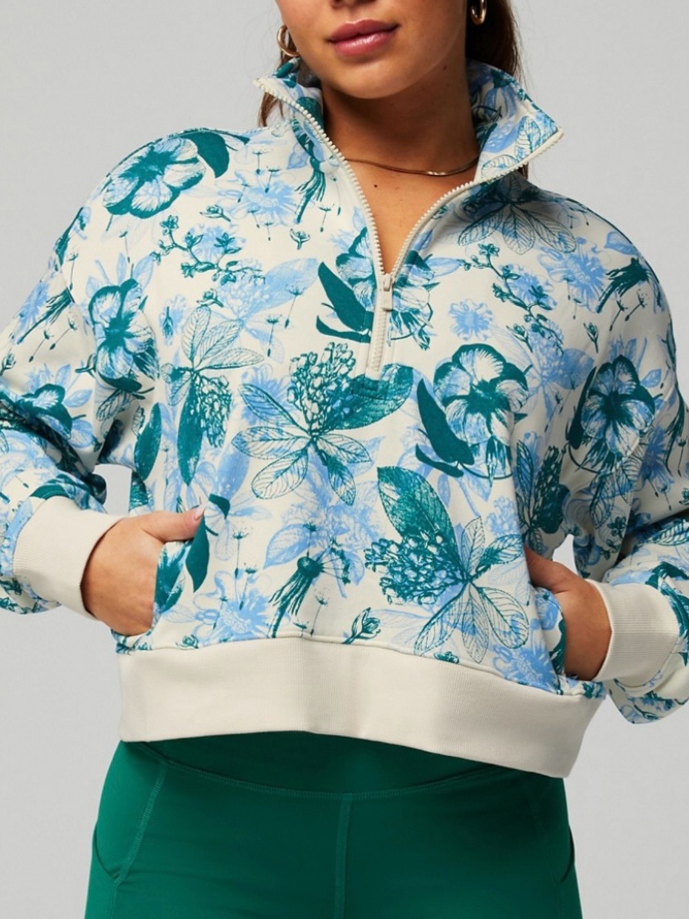 NWT Fabletics Year Round Terry Half-Zip Cropped Sweatshirt Soft Botanical Sporty